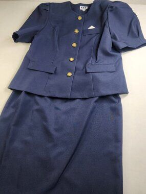 Vintage CUE Women's 16W Skirt Suit Navy Blue Double Breasted Shoulderpads Career